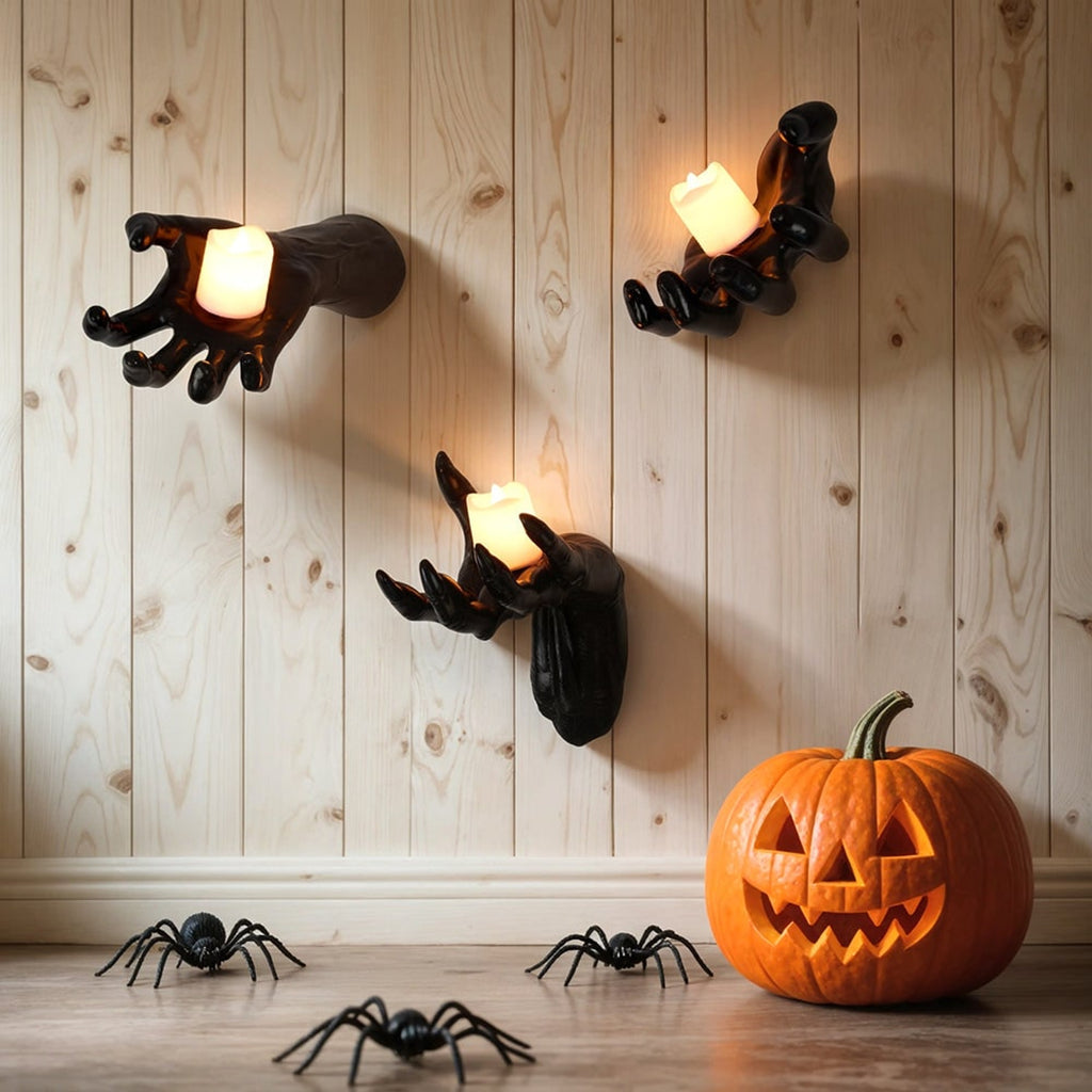 Halloween Wall Decoration Featuring Reaching Hand With Warm LED Candle Soft PVC Wall-Mounted Decor With Cell Batteries - Image 8