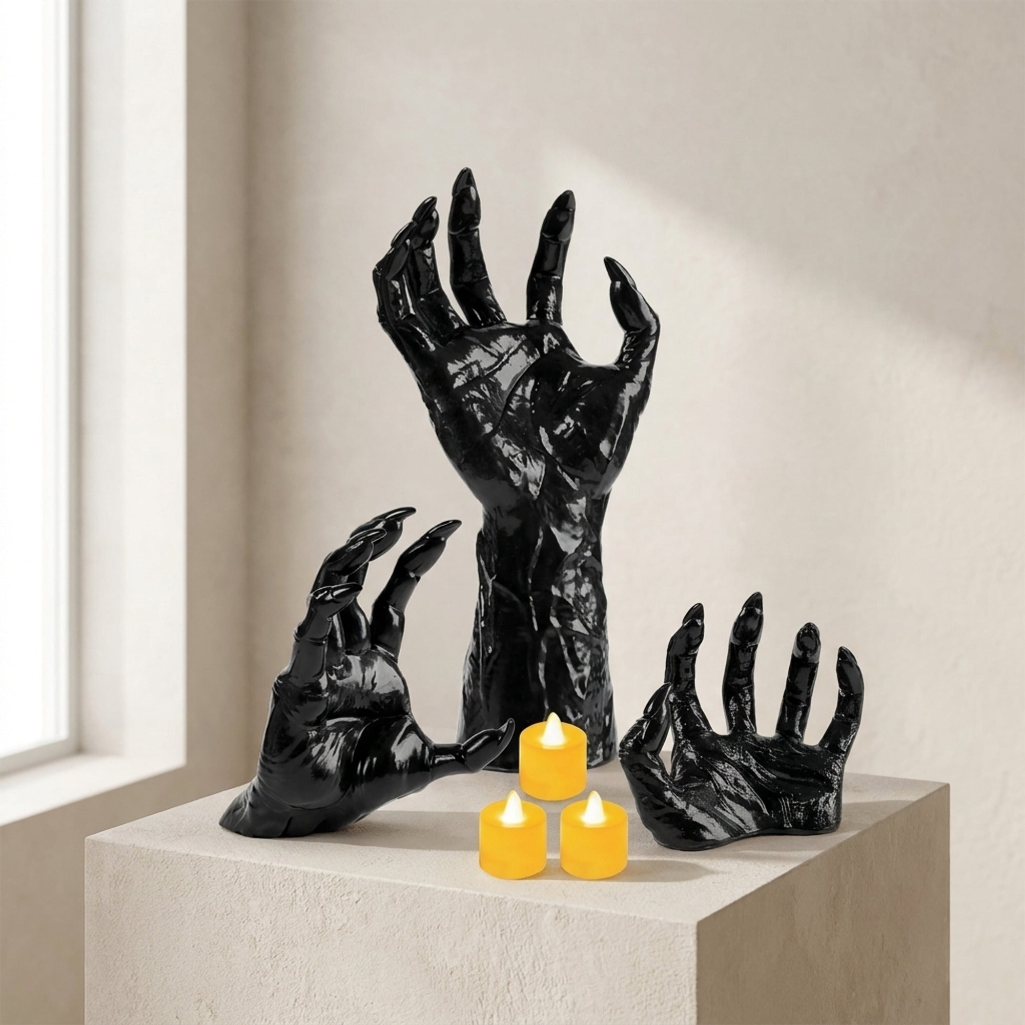Halloween Wall Decoration Featuring Reaching Hand With Warm LED Candle Soft PVC Wall-Mounted Decor With Cell Batteries - Image 1