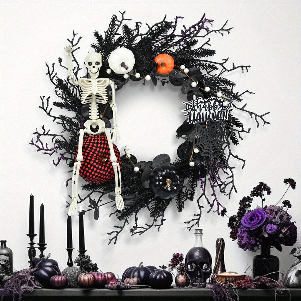 Halloween Wreath Gothic Halloween Wreath With Poseable Skeleton And Faux Pumpkins Door Decor For Halloween Theme Wall Hanging Ready Halloween Decor - Image 1
