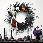 Halloween Wreath Gothic Halloween Wreath With Poseable Skeleton And Faux Pumpkins Door Decor For Halloween Theme Wall Hanging Ready Halloween Decor - Image 1