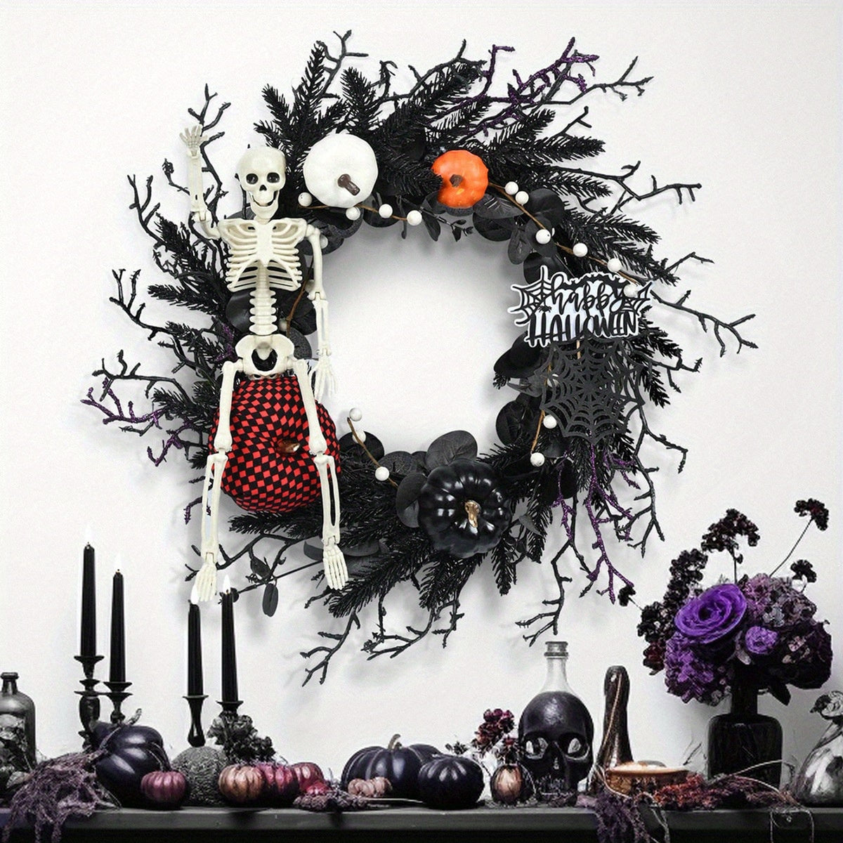 Halloween Wreath Gothic Halloween Wreath With Poseable Skeleton And Faux Pumpkins Door Decor For Halloween Theme Wall Hanging Ready Halloween Decor - Image 1