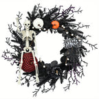 Halloween Wreath Gothic Halloween Wreath With Poseable Skeleton And Faux Pumpkins Door Decor For Halloween Theme Wall Hanging Ready Halloween Decor - Image 4