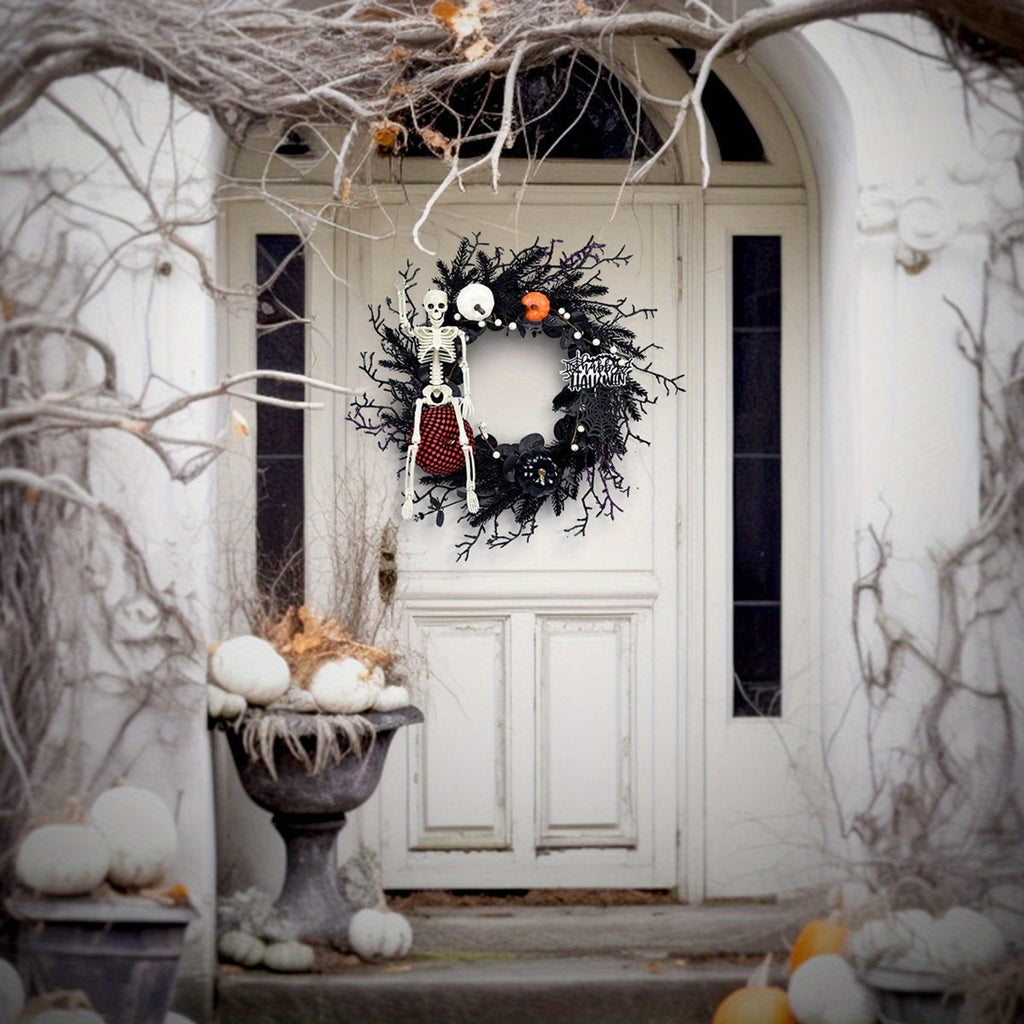 Halloween Wreath Gothic Halloween Wreath With Poseable Skeleton And Faux Pumpkins Door Decor For Halloween Theme Wall Hanging Ready Halloween Decor - Image 3