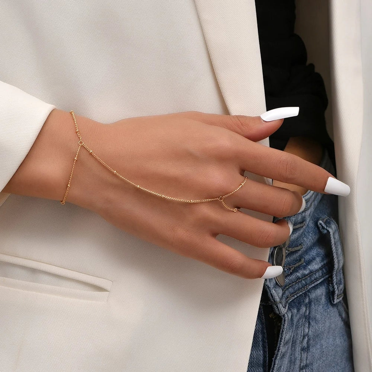 Hand Chain Bracelet with Adjustable Wrist Band and Finger Ring - Image 2