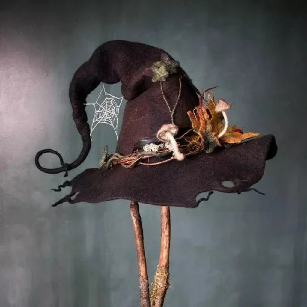 Handcrafted Felted Wool Witch Hat For Halloween With Spiderweb Embroidery Comfortable And Easy To Wear - Image 4