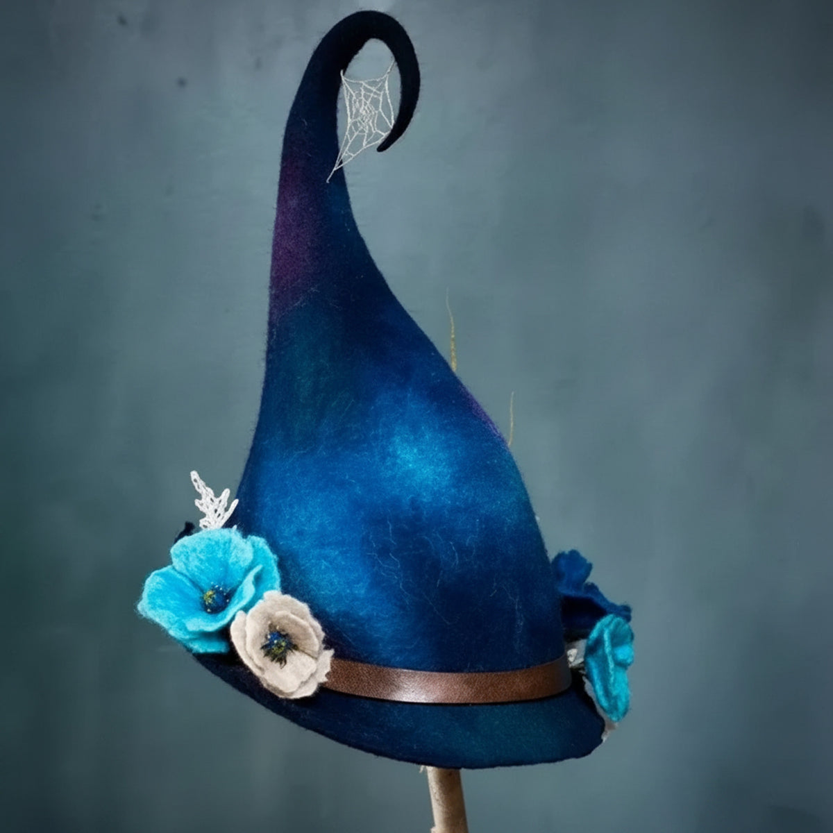 Handcrafted Felted Wool Witch Hat For Halloween With Spiderweb Embroidery Comfortable And Easy To Wear - Image 6