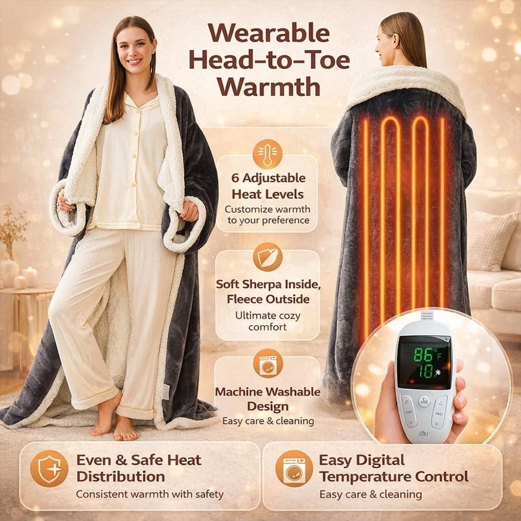 Heated Wearable Blanket Hooded With Foot Pocket Fleece Trim - Image 2