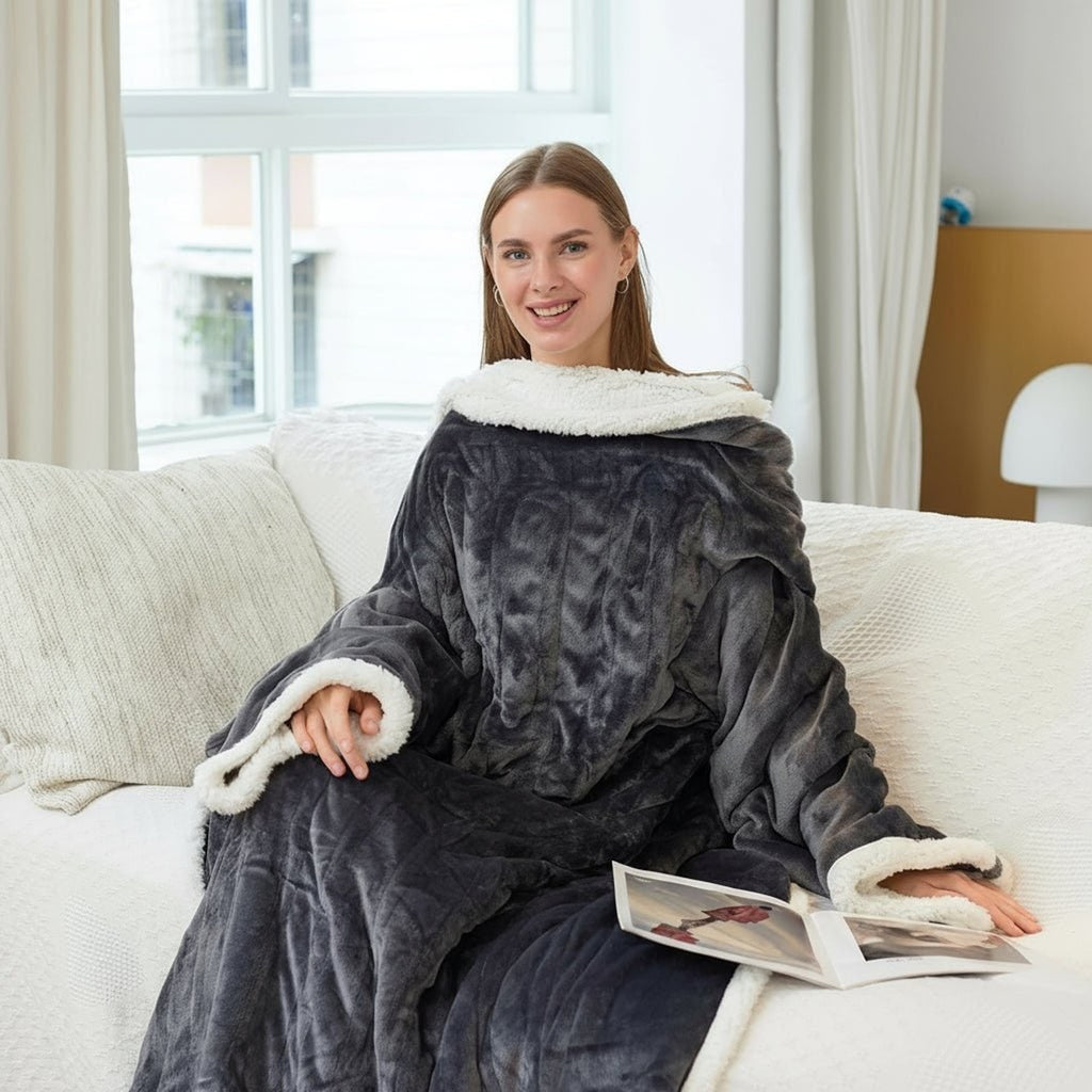 Heated Wearable Blanket Hooded With Foot Pocket Fleece Trim - Image 1