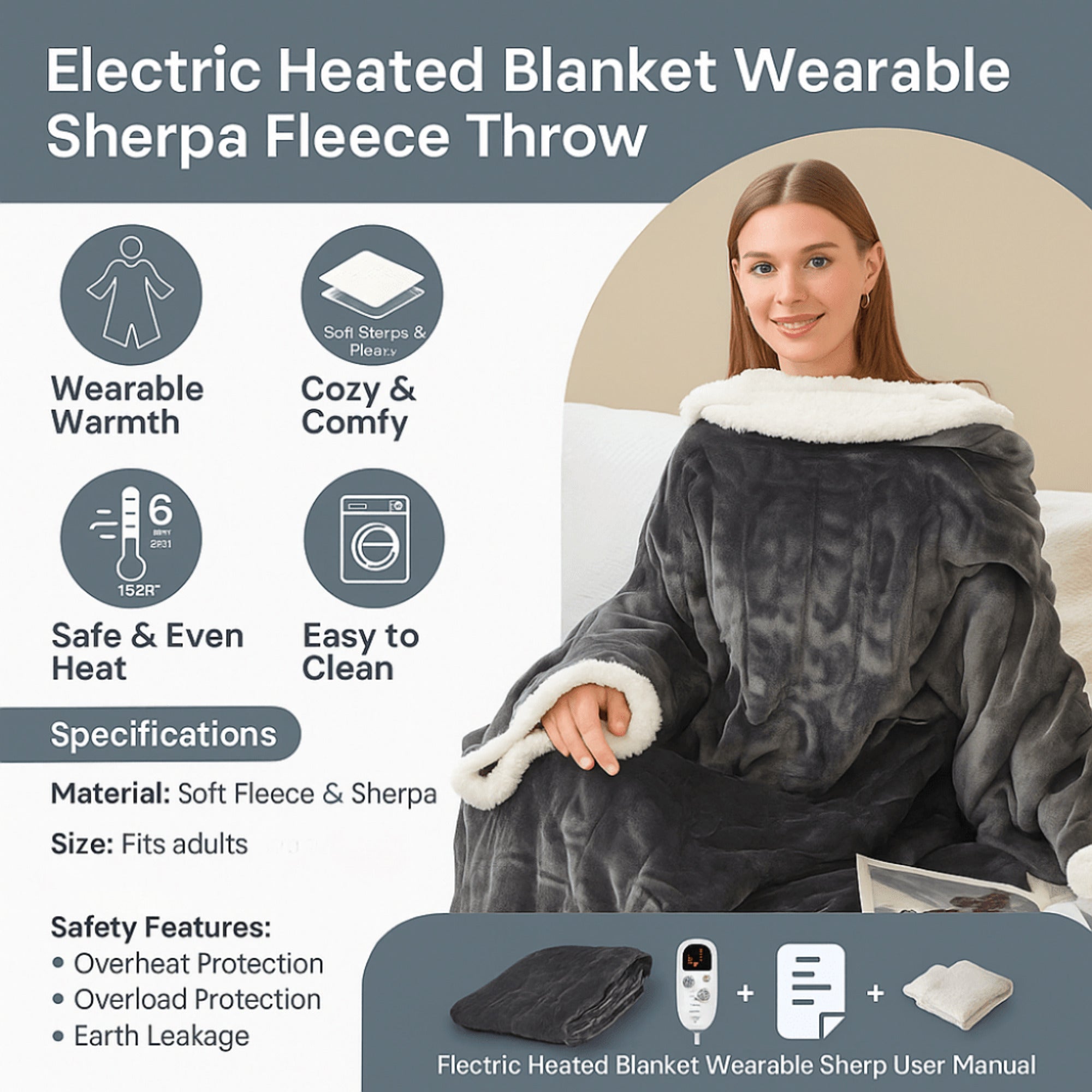 Heated Wearable Blanket Hooded With Foot Pocket Fleece Trim - Image 6