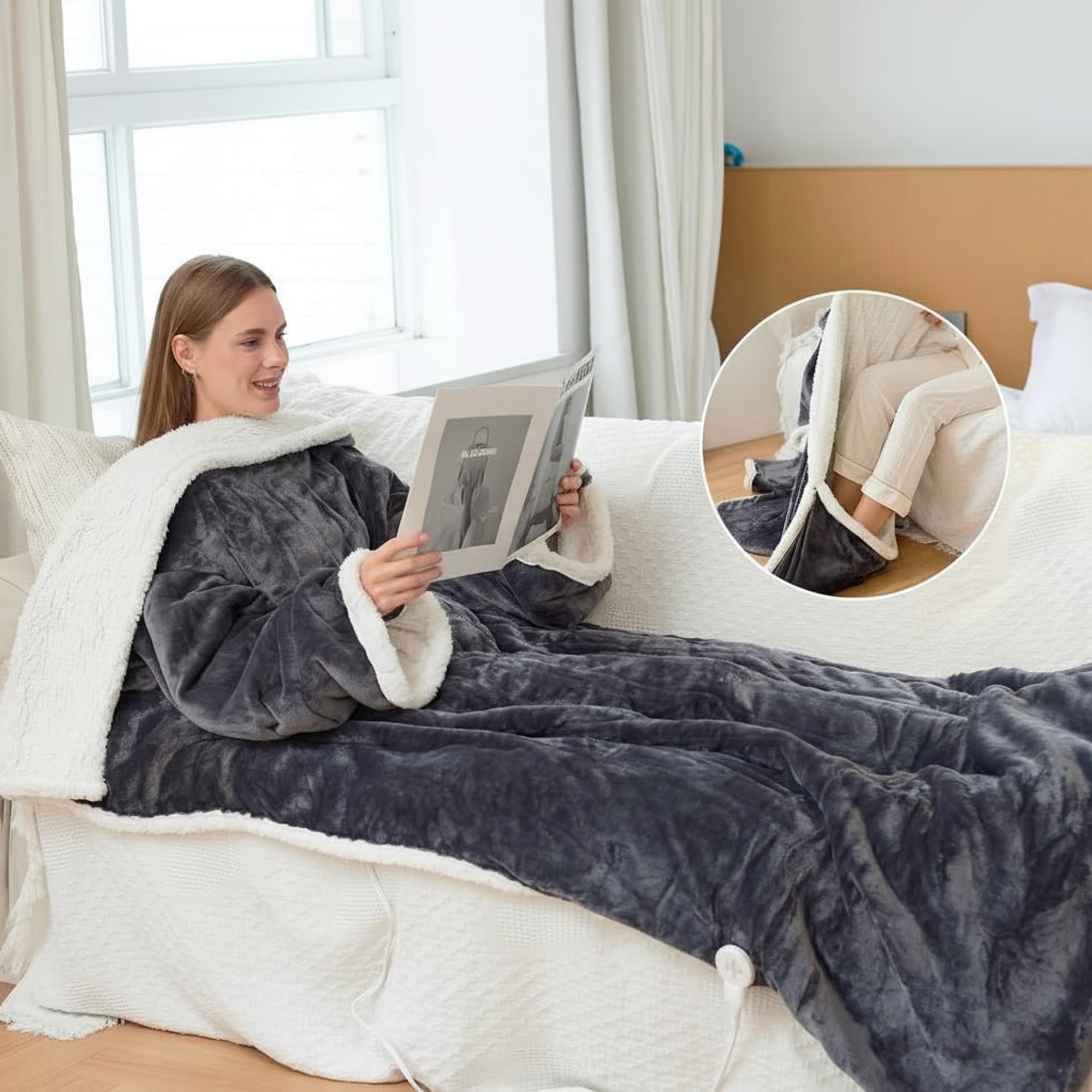 Heated Wearable Blanket Hooded With Foot Pocket Fleece Trim - Image 3