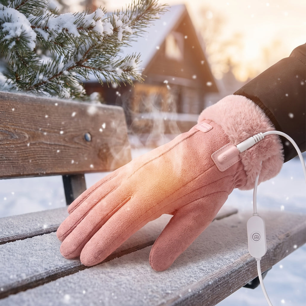 Heated Gloves For Winter Cozy Full-Finger Faux Fur - in-use