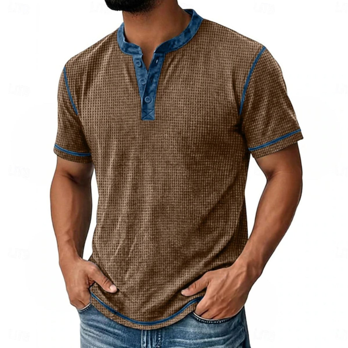 Henley Shirt with Relaxed Waffle Texture and Button Placket - Image 3