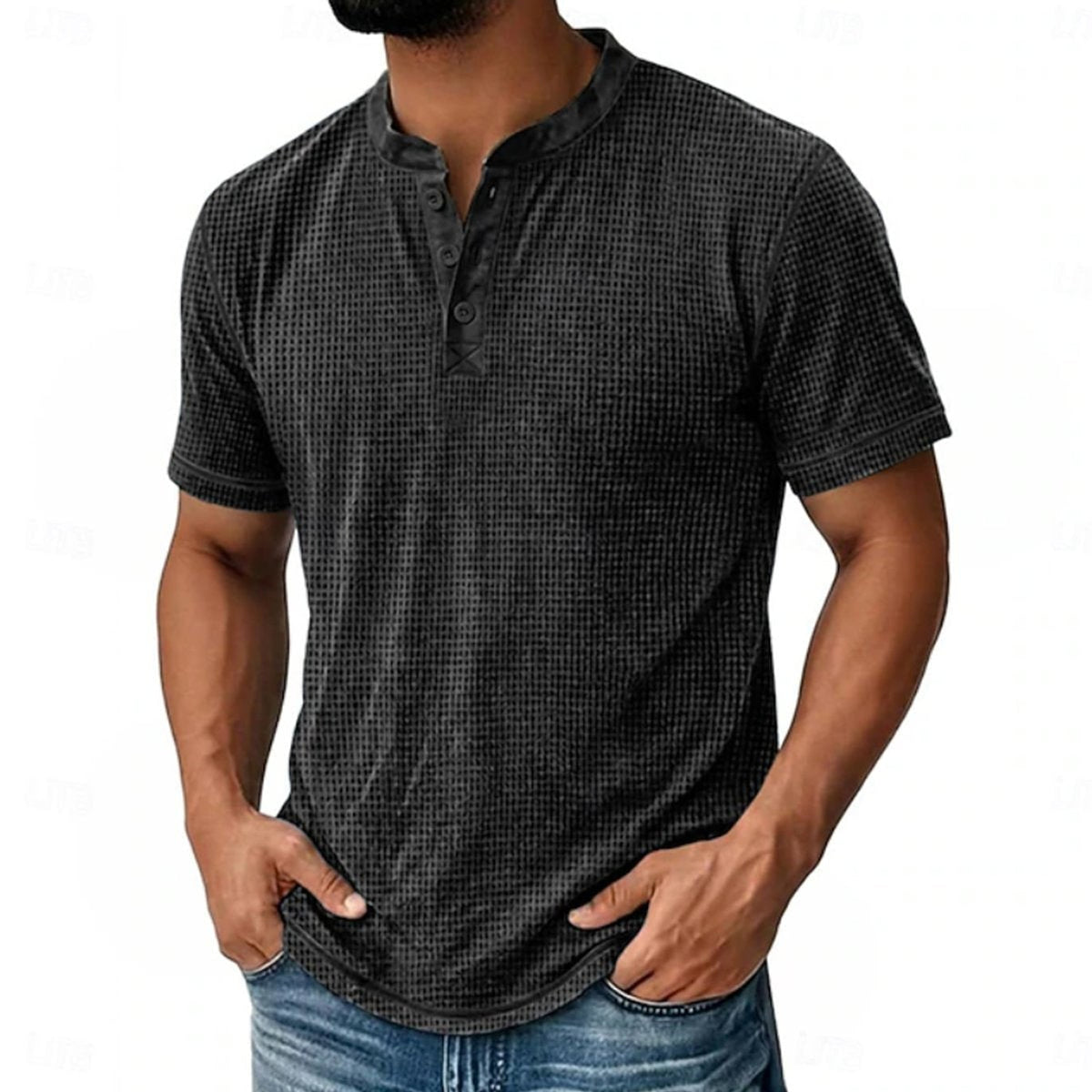 Henley Shirt with Relaxed Waffle Texture and Button Placket - Image 2