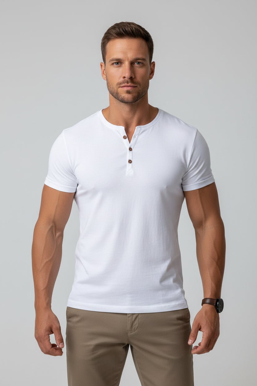 Henley T-Shirt with Relaxed Tailored Fit and Button Placket - Image 1