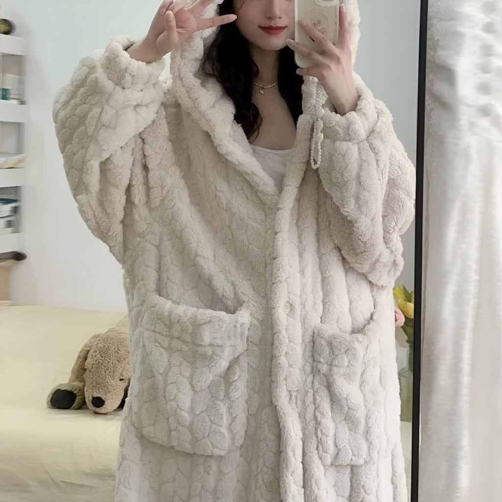 Hooded Bathrobe with Practical Pockets and Long Sleeves - Image 3