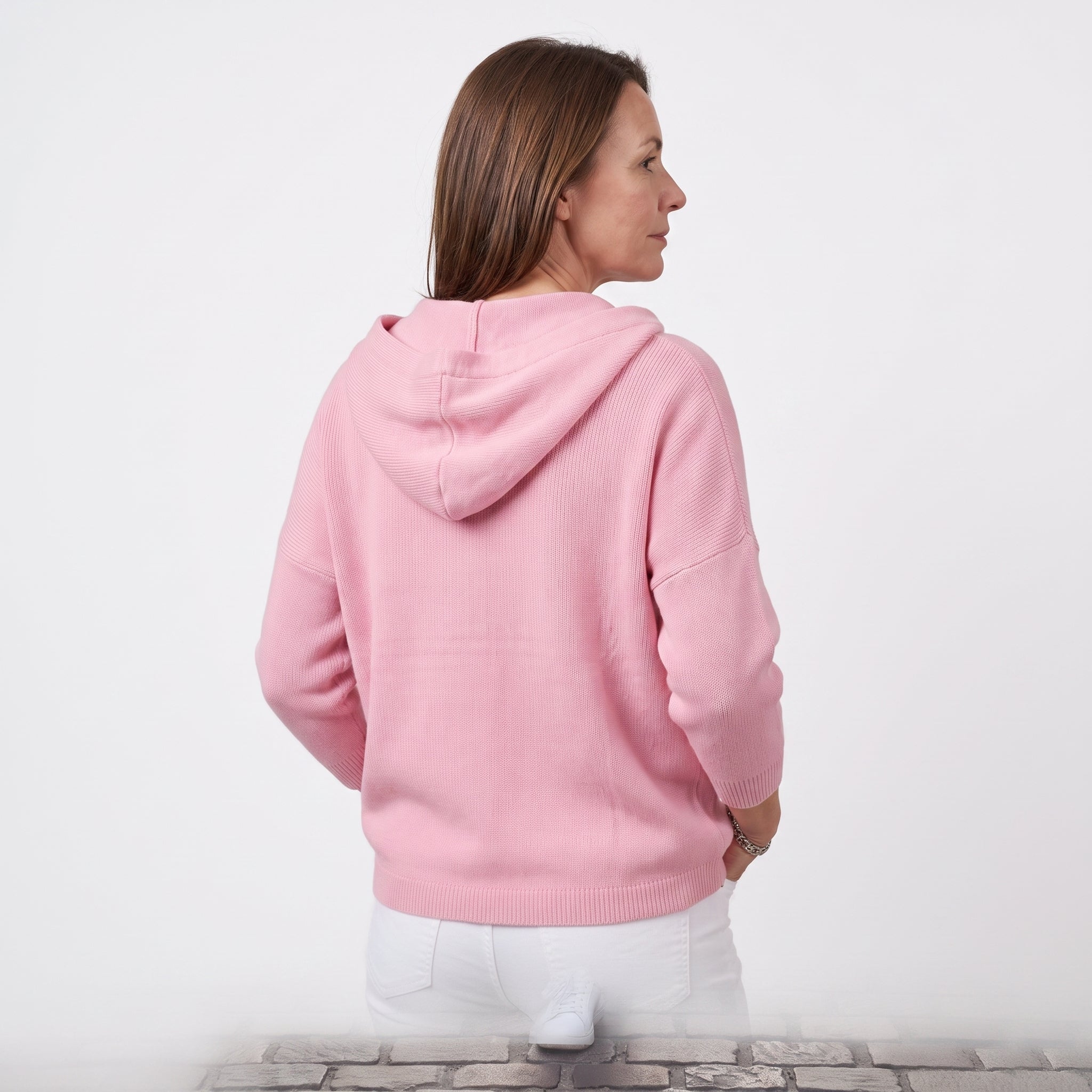 Hooded Cardigan Long Sleeve Ribbed Knit Front Buttons Relaxed Fit - angle