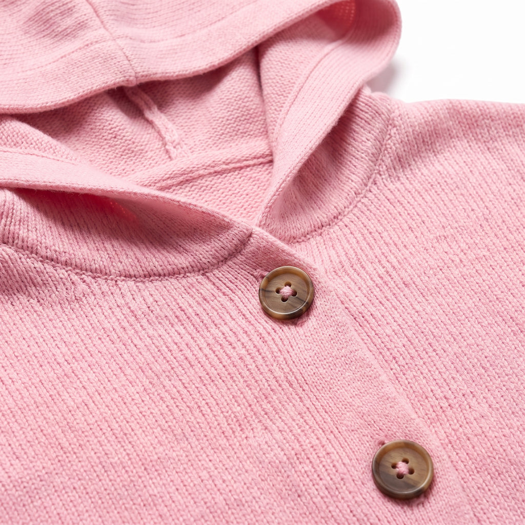 Hooded Cardigan Long Sleeve Ribbed Knit Front Buttons Relaxed Fit - detail