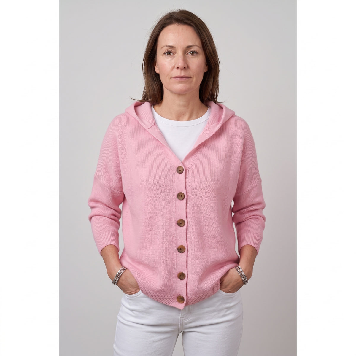 Hooded Cardigan Long Sleeve Ribbed Knit Front Buttons Relaxed Fit - hero