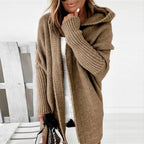 Hooded Cardigan Long Open-Front With Hood And Solid Color Knit - Image 1