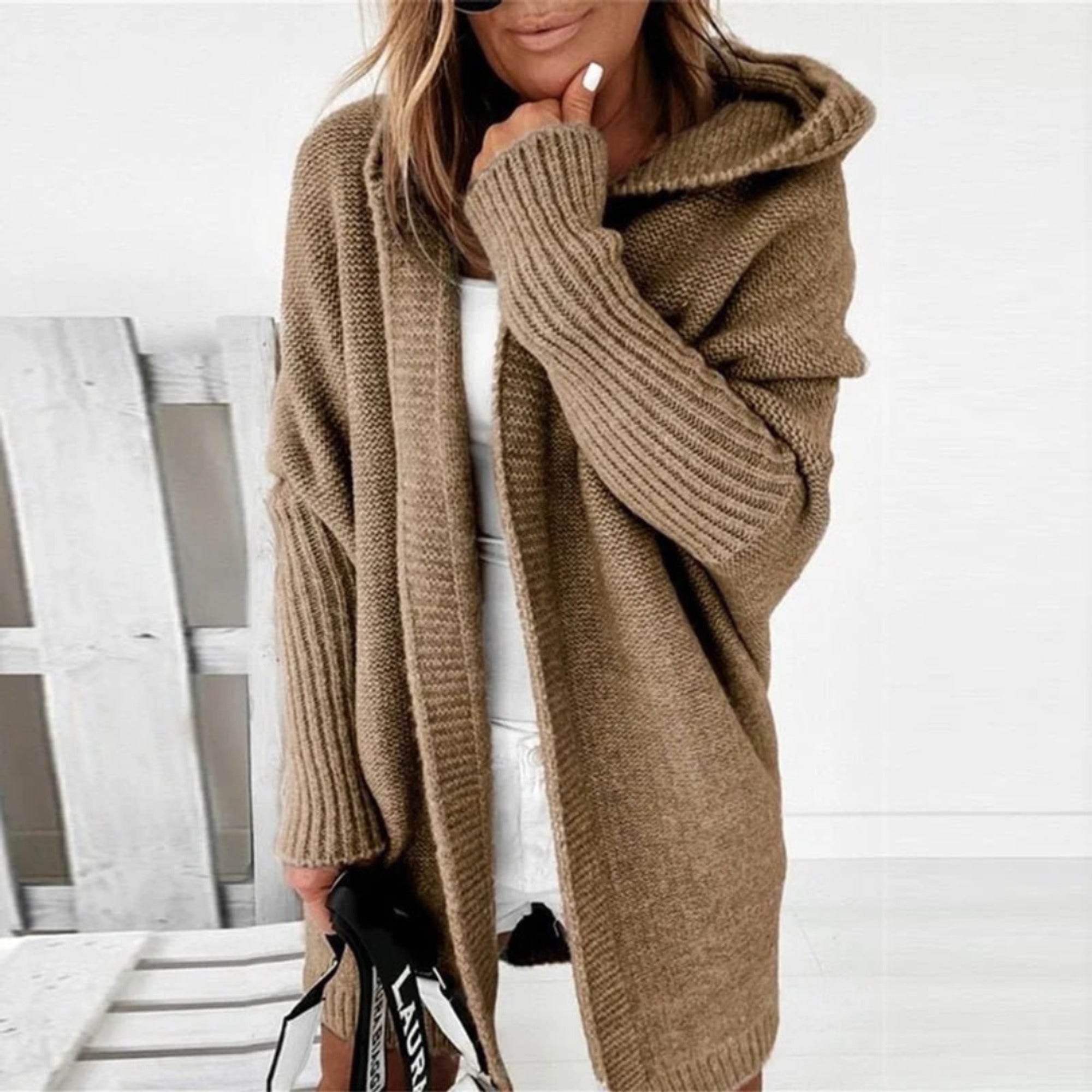 Hooded Cardigan Long Open-Front With Hood And Solid Color Knit - Image 1