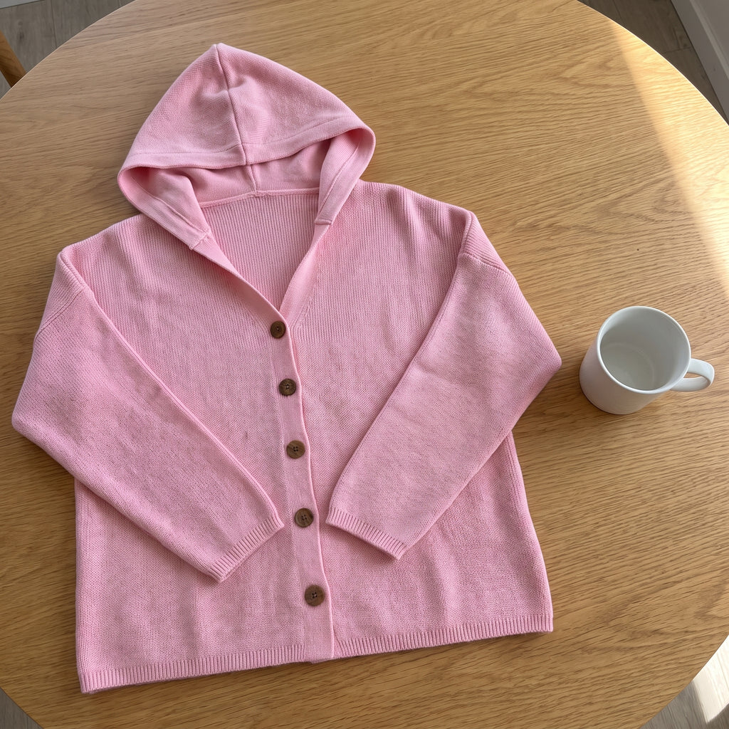 Hooded Cardigan Knit Front Buttons Relaxed Oversized Fit - scale