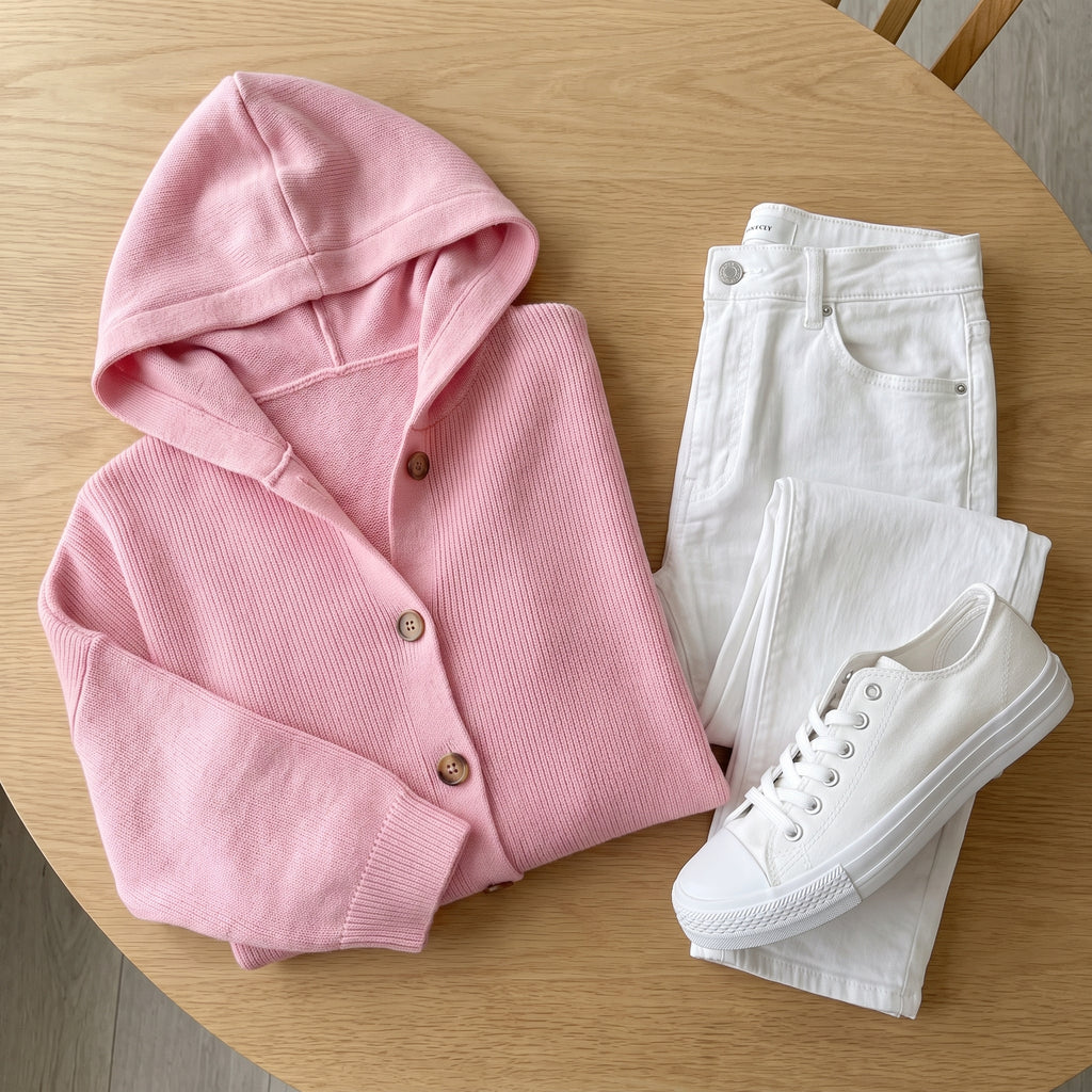 Hooded Cardigan Long Sleeve Ribbed Knit Front Buttons Relaxed Fit - scale