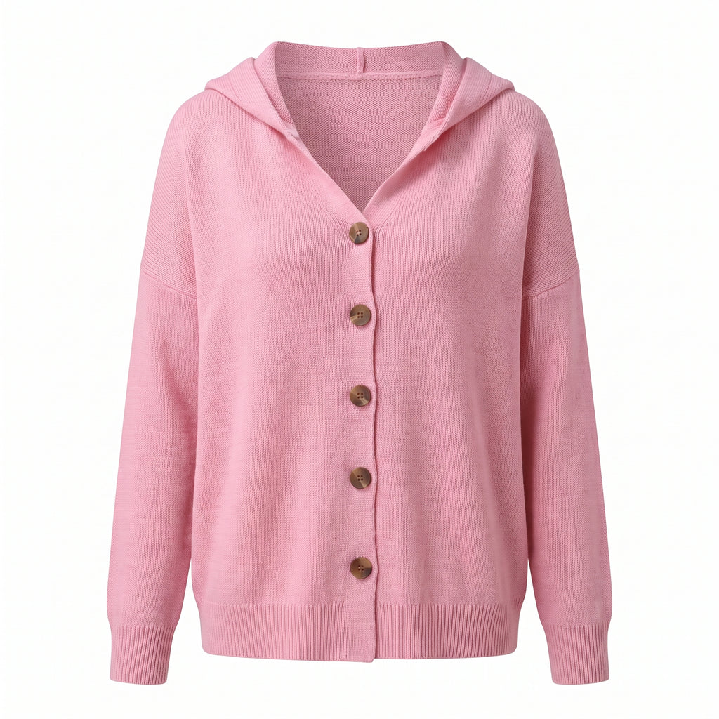 Hooded Cardigan Knit Front Buttons Relaxed Oversized Fit - studio