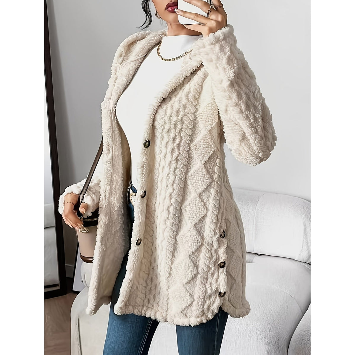 Hooded Cardigan with Open-Front Cable-Knit Design and Long Silhouette - Image 1