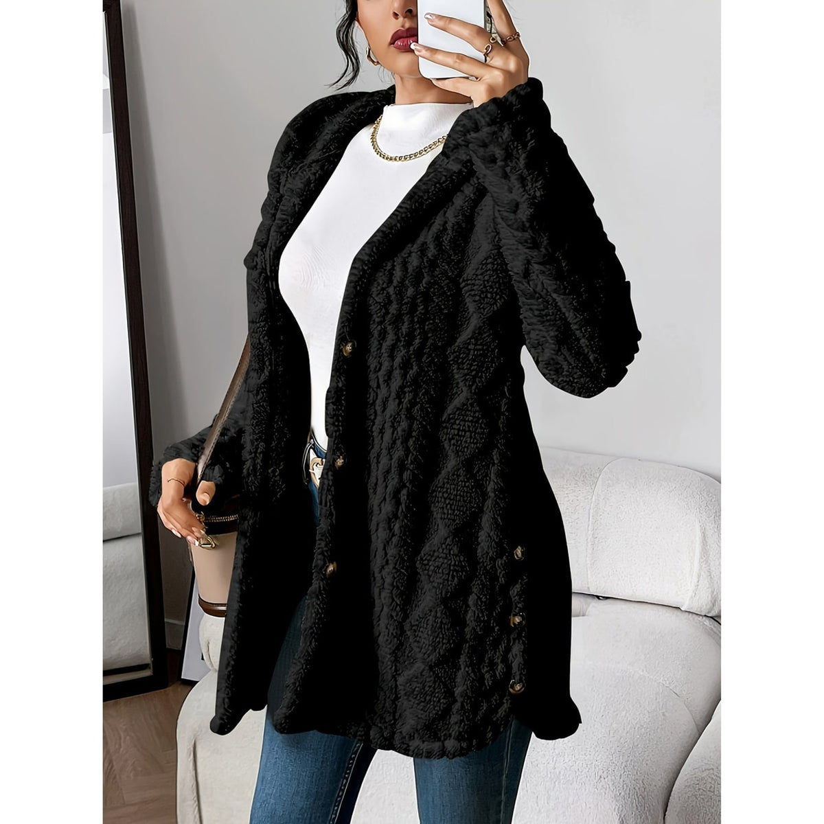 Hooded Cardigan with Open-Front Cable-Knit Design and Long Silhouette - Image 5