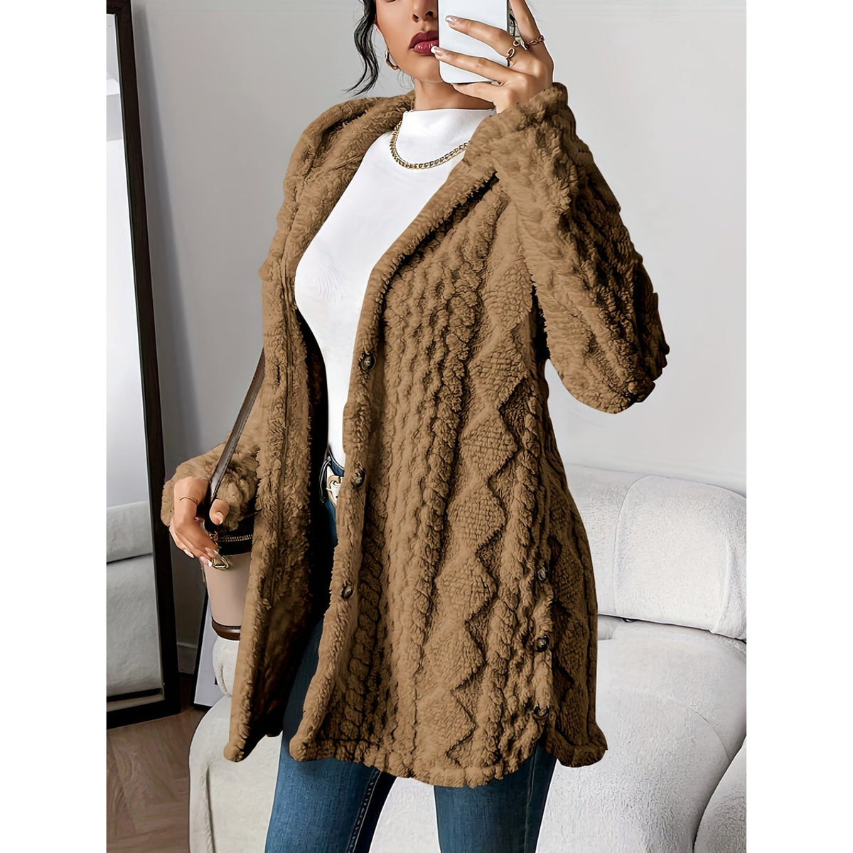 Hooded Cardigan with Open-Front Cable-Knit Design and Long Silhouette - Image 3