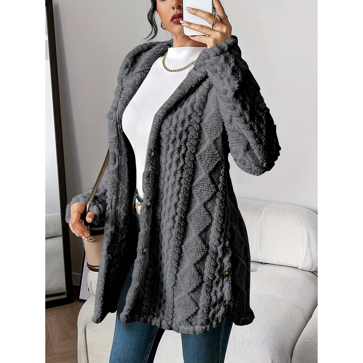 Hooded Cardigan with Open-Front Cable-Knit Design and Long Silhouette - Image 4