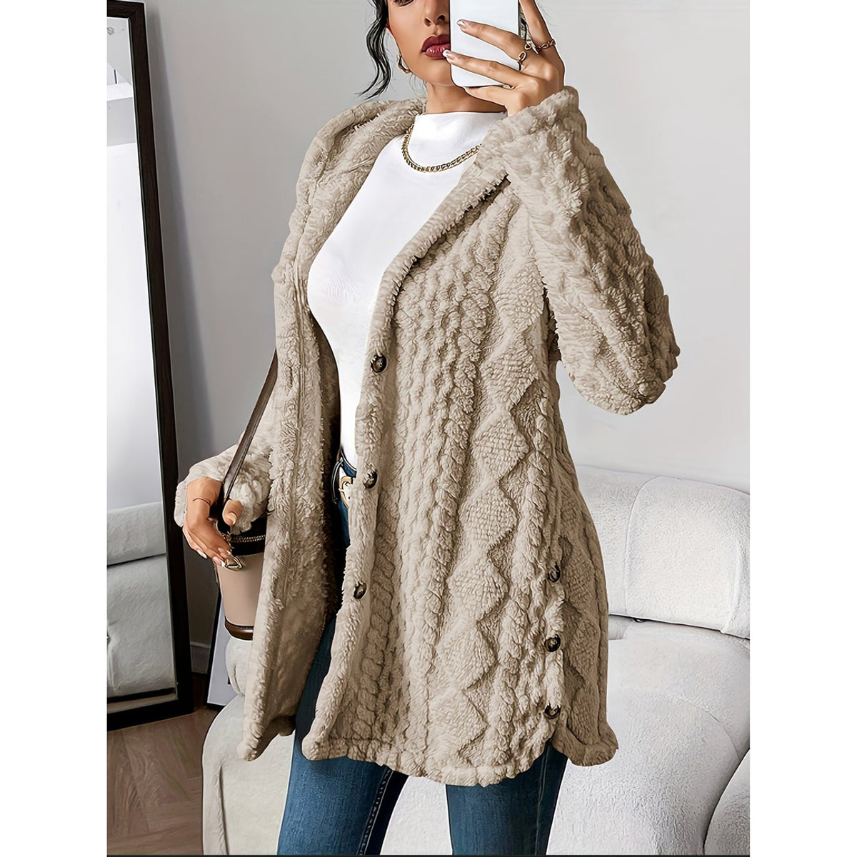 Hooded Cardigan with Open-Front Cable-Knit Design and Long Silhouette - Image 2