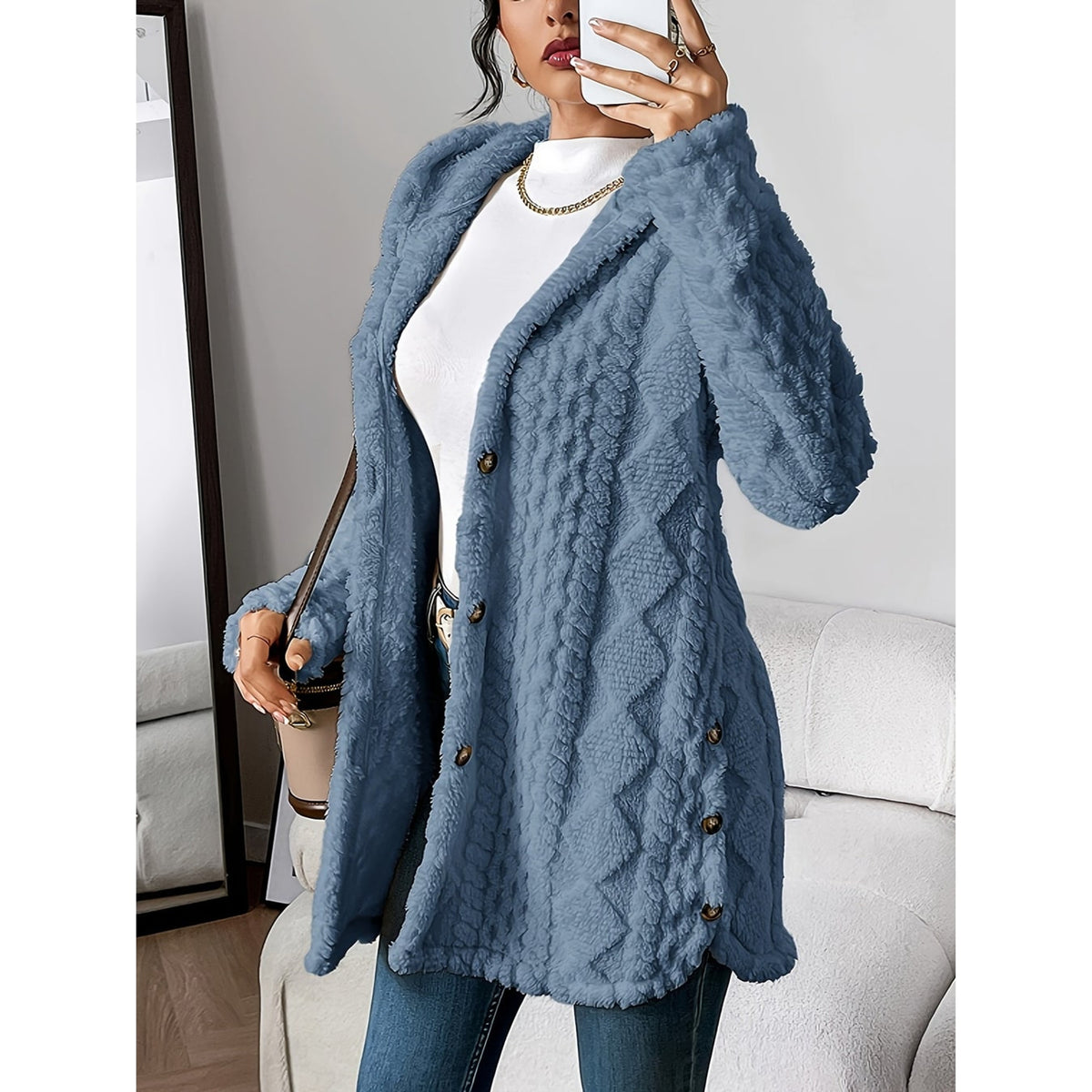 Hooded Cardigan with Open-Front Cable-Knit Design and Long Silhouette - Image 7