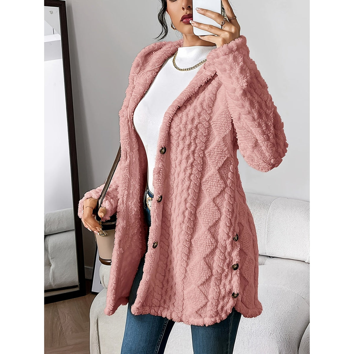 Hooded Cardigan with Open-Front Cable-Knit Design and Long Silhouette - Image 8