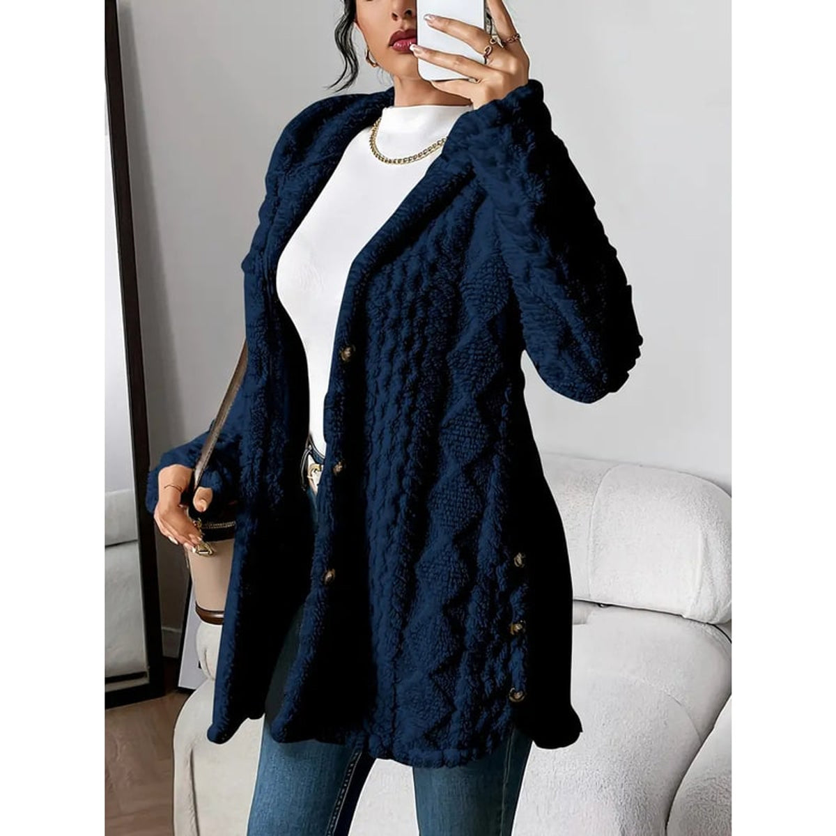 Hooded Cardigan with Open-Front Cable-Knit Design and Long Silhouette - Image 6