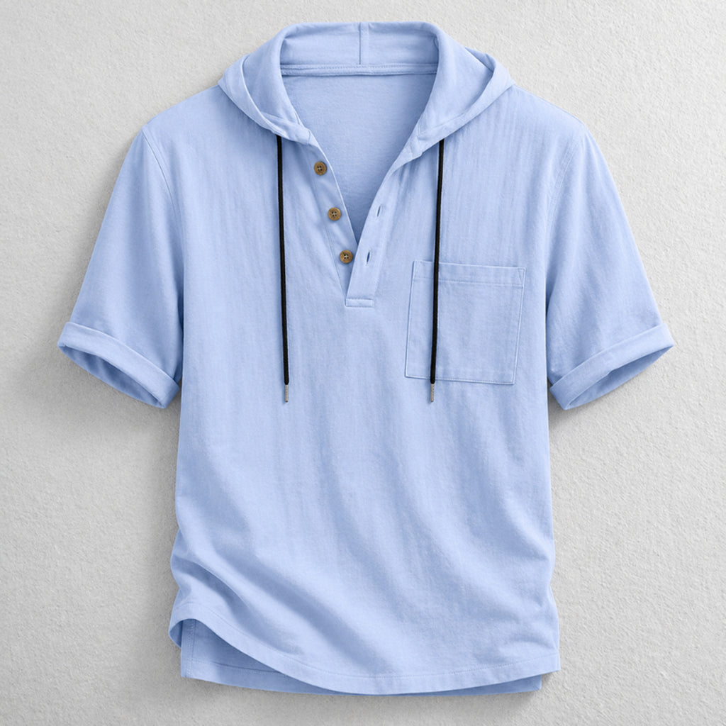 Hooded Henley Shirt with Relaxed Fit and Short Sleeves - Image 1
