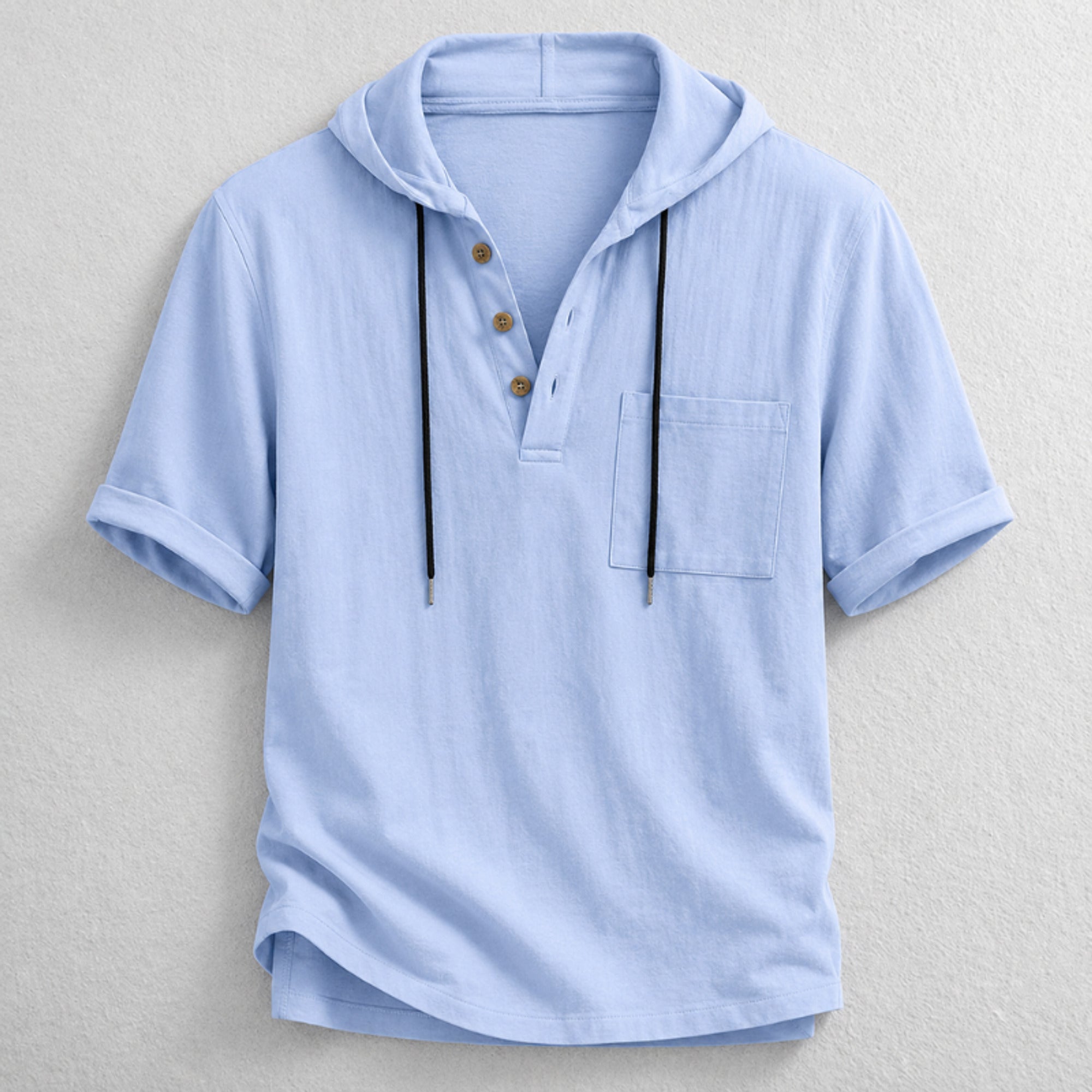 Hooded Henley Shirt with Relaxed Fit and Short Sleeves - Image 1