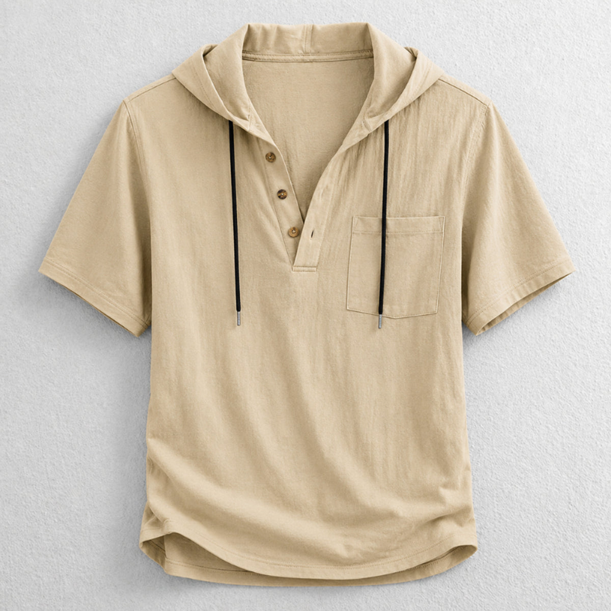 Hooded Henley Shirt with Relaxed Fit and Short Sleeves - Image 2