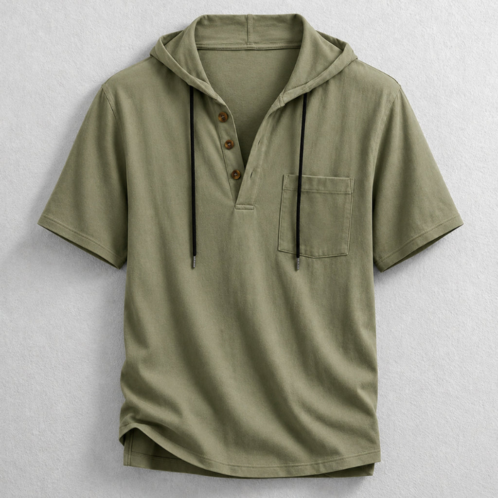 Hooded Henley Shirt with Relaxed Fit and Short Sleeves - Image 3