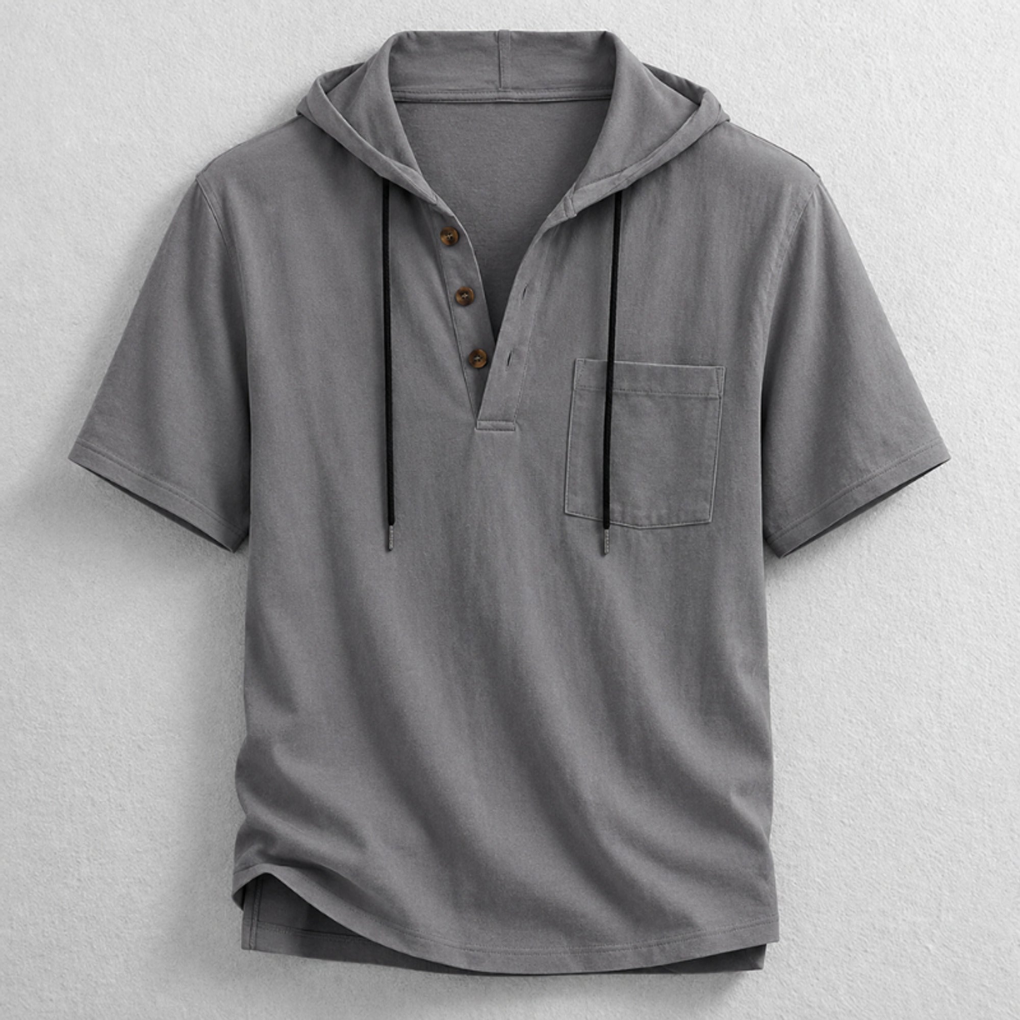 Hooded Henley Shirt with Relaxed Fit and Short Sleeves - Image 4