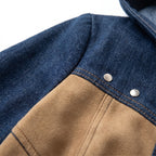 Hooded Jacket Denim and Suede Color Block with Drawstring Hood and Decorative Studs Jacket - detail