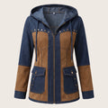 Hooded Jacket Denim and Suede Color Block with Drawstring Hood and Decorative Studs Jacket - hero