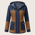 Hooded Jacket Denim and Suede Color Block with Drawstring Hood and Decorative Studs Jacket - hero