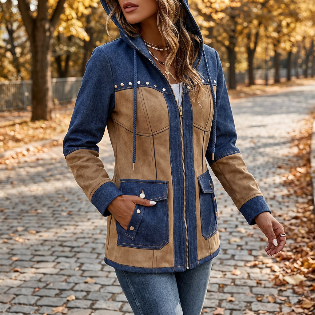 Hooded Jacket Denim and Suede Color Block with Drawstring Hood and Decorative Studs Jacket - in-use