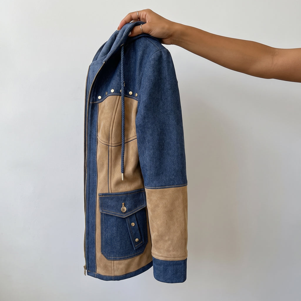 Hooded Jacket Denim and Suede Color Block with Drawstring Hood and Decorative Studs Jacket - scale