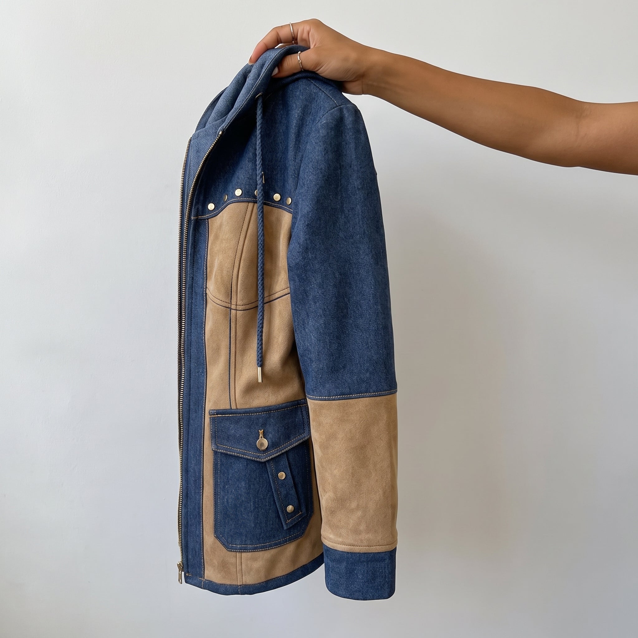 Hooded Jacket Denim and Suede Color Block with Drawstring Hood and Decorative Studs Jacket - scale