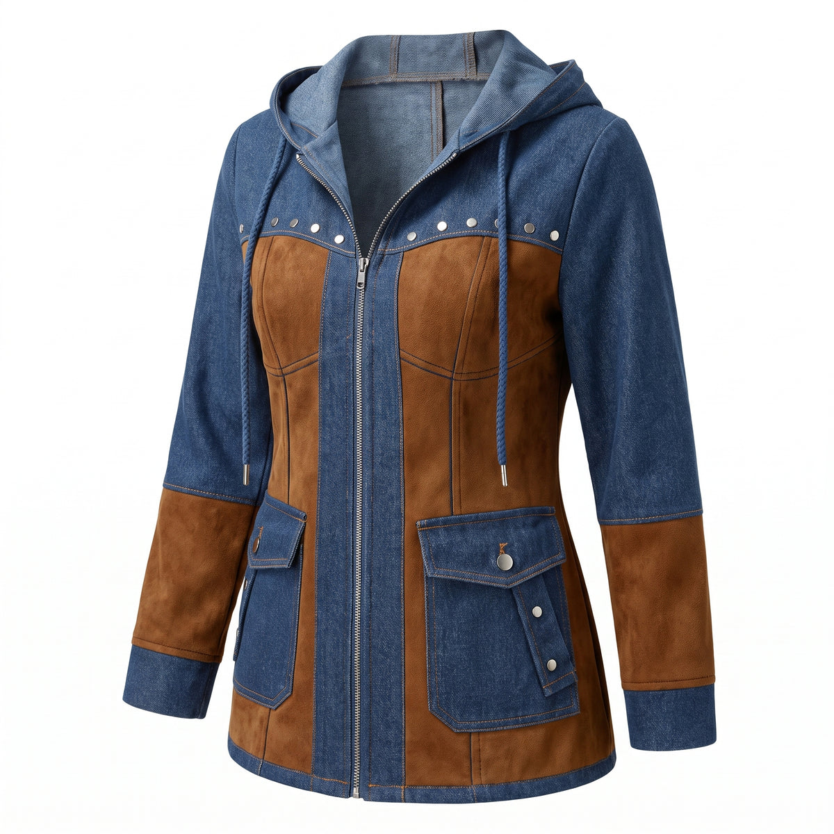 Hooded Jacket Denim and Suede Color Block with Drawstring Hood and Decorative Studs Jacket - studio