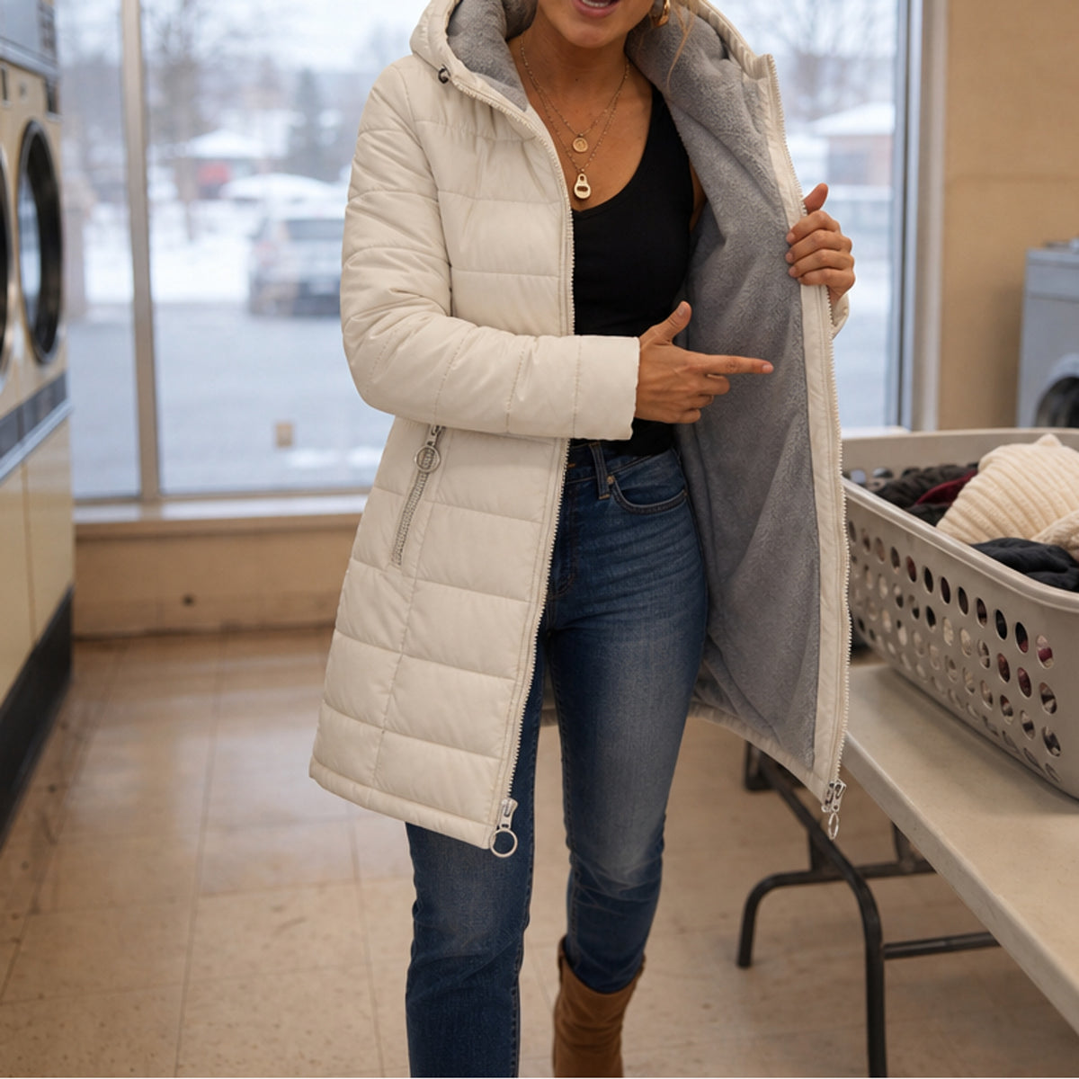 Hooded Puffer Coat with Plush Longline Lining and Hood - Image 2