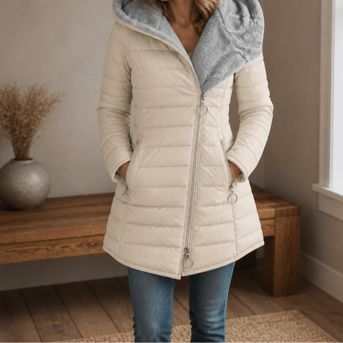 Hooded Puffer Coat with Plush Longline Lining and Hood - Image 4