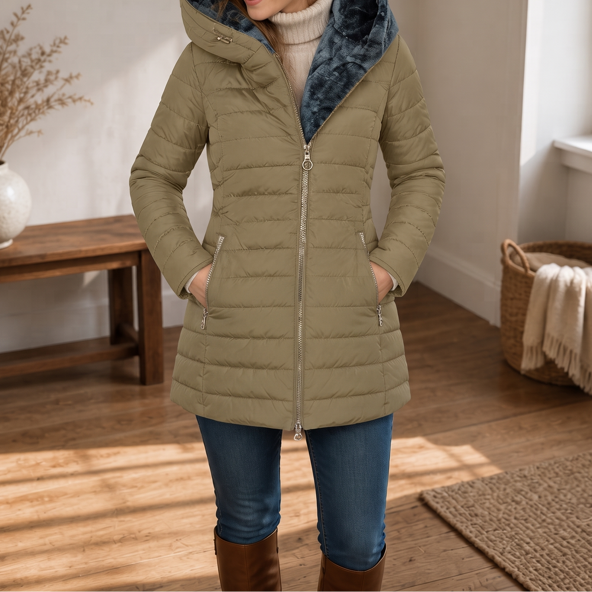 Hooded Puffer Coat with Plush Longline Lining and Hood - Image 5